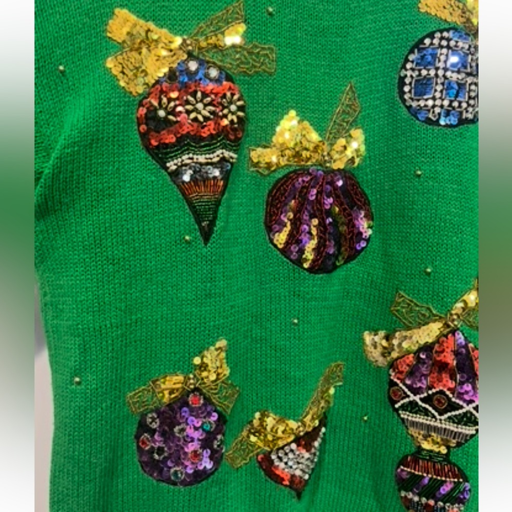 Vintage bright Green colorful Sequin Ornament fancy ugly sweater. So pretty! - Picture 3 of 8
